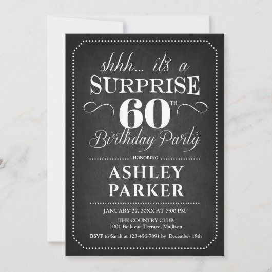 Invitation Surprise 60e anniversaire - Chalkboard noir blanc (Devant)