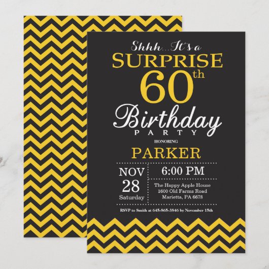 Invitation Surprise 60e anniversaire Chevron noir et jaune (Devant / Derrière)