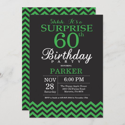 Invitation Surprise 60e anniversaire Chevron noir et vert (Devant / Derrière)