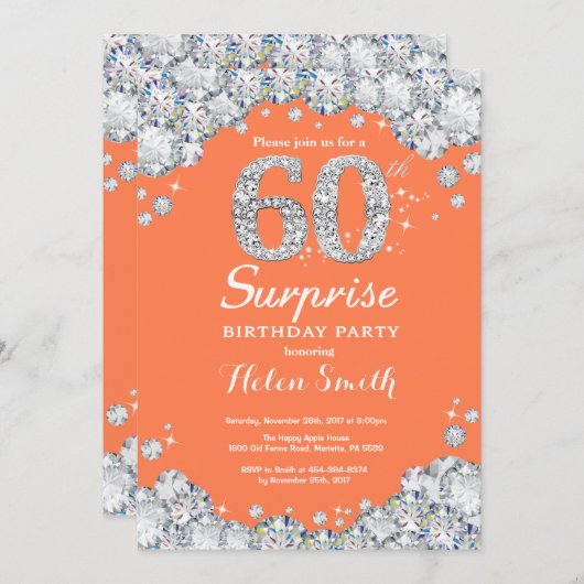 Invitation Surprise 60e anniversaire Coral Silver Diamond (Devant / Derrière)
