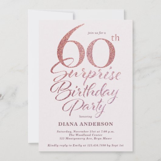 Invitation Surprise 60e anniversaire de fête Rose Gold (Devant)