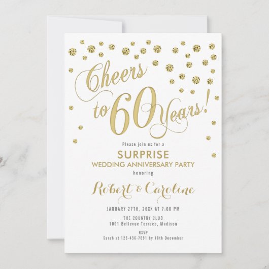 Invitation Surprise 60e anniversaire de mariage - Blanc & Or (Devant)