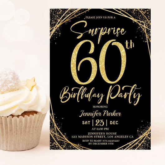 Invitation Surprise 60e anniversaire fête Chic Black & Gold