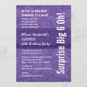 Invitation SURPRISE 60e Anniversaire Fête violette et blanche