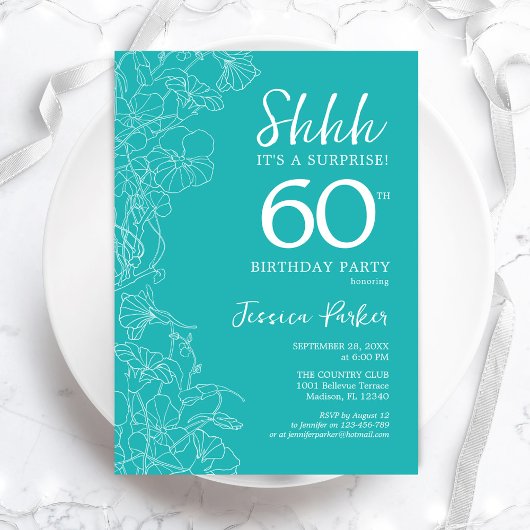 Invitation Surprise 60e anniversaire - Floral Turquoise