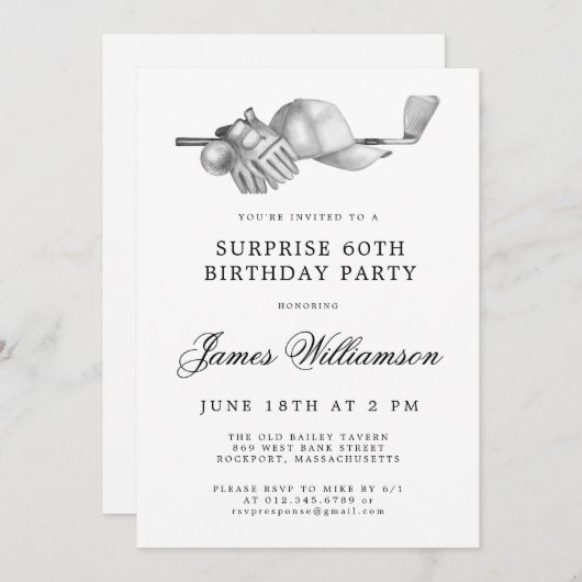 Invitation SURPRISE 60e Anniversaire Golf Thème (Devant / Derrière)