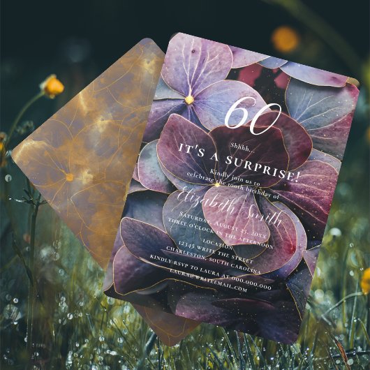 Invitation Surprise 60e anniversaire Hydrangea Bleu Violet Or