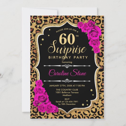 Invitation Surprise 60e anniversaire - Leopard Black Gold Ros (Devant)