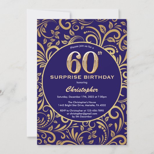 Invitation Surprise 60e anniversaire Marine bleu et or floral (Devant)
