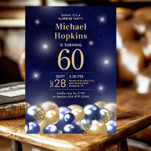 Invitation Surprise 60e anniversaire Marine Blue Gold Ballons