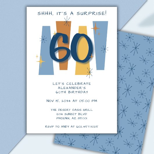 Invitation Surprise 60e anniversaire Mi-siècle Retro Blue