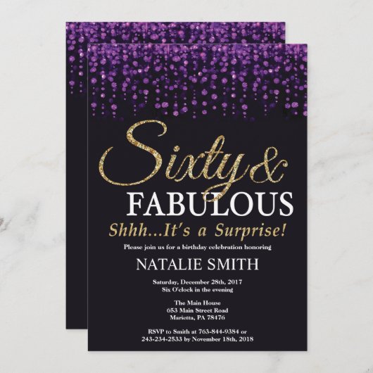 Invitation Surprise 60e anniversaire Parties scintillant viol (Devant / Derrière)
