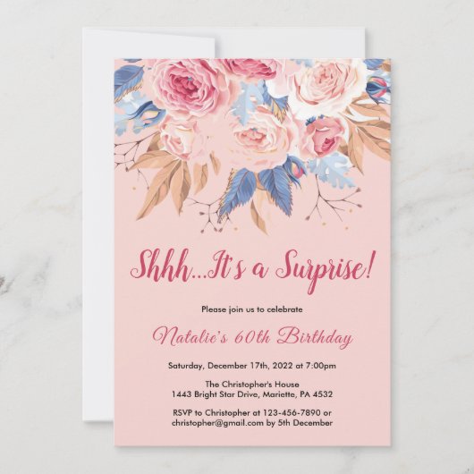 Invitation Surprise 60e anniversaire Pink Botanical Floral (Devant)