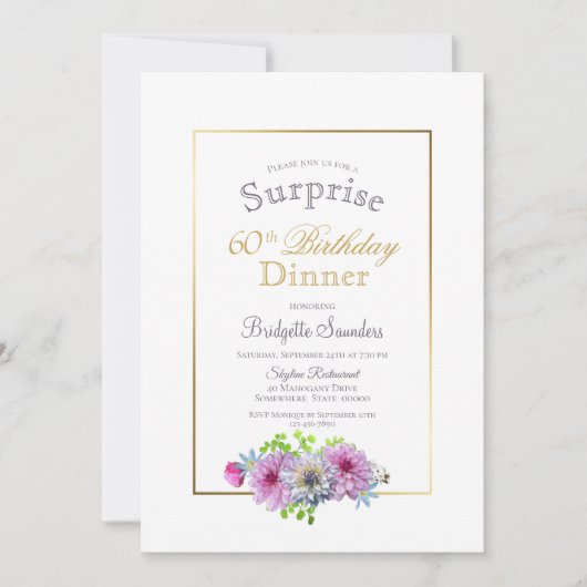 Invitation Surprise 60e anniversaire Pink Floral Gold Diner (Devant)