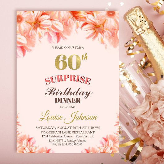 Invitation Surprise 60e anniversaire Pink Gold Floral Dîner