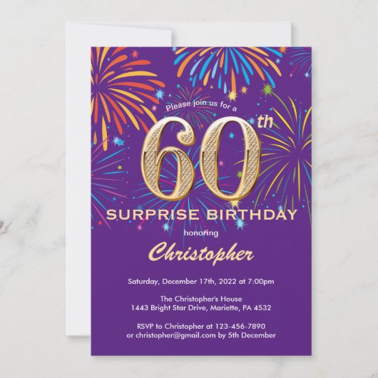 Invitation Surprise 60e anniversaire Purple and Gold Firework (Devant)