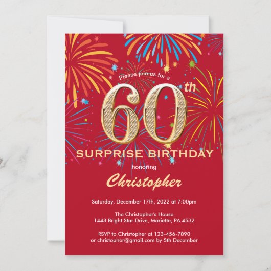 Invitation Surprise 60e anniversaire Red & Gold Rainbow Firew (Devant)