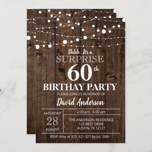 Invitation Surprise 60e anniversaire Rustique (Devant / Derrière)