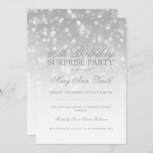 Invitation Surprise 60e anniversaire Silver Bokeh lumières ét (Devant / Derrière)
