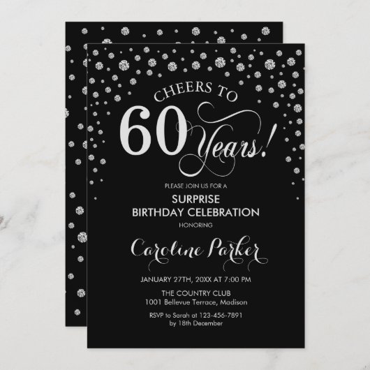 Invitation Surprise 60e fête d'anniversaire - Argent noir (Devant / Derrière)