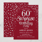 Invitation Surprise 60e fête d'anniversaire - Argent & Rouge (Devant / Derrière)