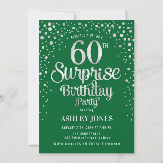 Invitation Surprise 60e fête d'anniversaire - Argent & Vert (Devant)