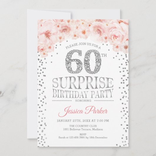Invitation Surprise 60e fête d'anniversaire - Blanc Silver ro (Devant)