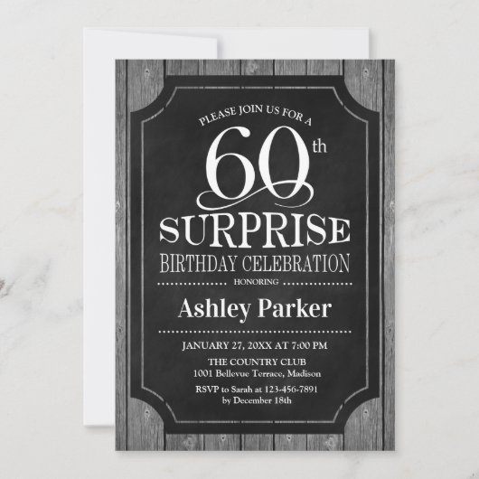 Invitation Surprise 60e fête d'anniversaire - Chalkboard Whit (Devant)