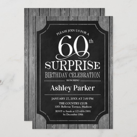 Invitation Surprise 60e fête d'anniversaire - Chalkboard Whit (Devant / Derrière)