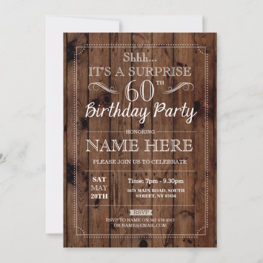 Invitation SURPRISE 60e fête d'anniversaire Rustic Wood 60 In (Devant)