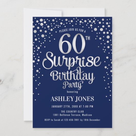 Invitation Surprise 60e fête d'anniversaire - Silver & Navy B (Devant)