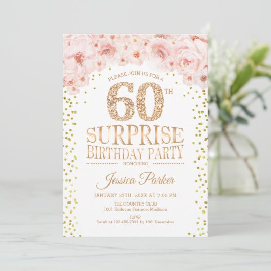 Invitation Surprise 60e fête d'anniversaire - White Gold Pink (Debout devant)