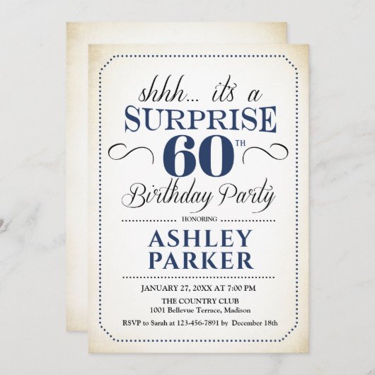 Invitation Surprise 60e fête d'anniversaire - White Navy (Devant / Derrière)
