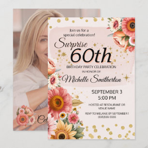 Invitation Surprise 60ème pêche rose floral or photo