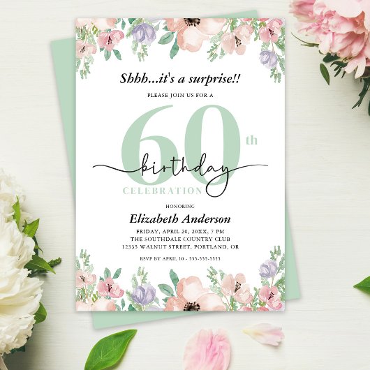 Invitation Surprise 60th Birthday Party Elegant Pastel Floral