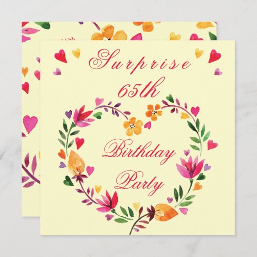 Invitation Surprise 65e anniversaire aquarelle Coeur floral (Devant / Derrière)