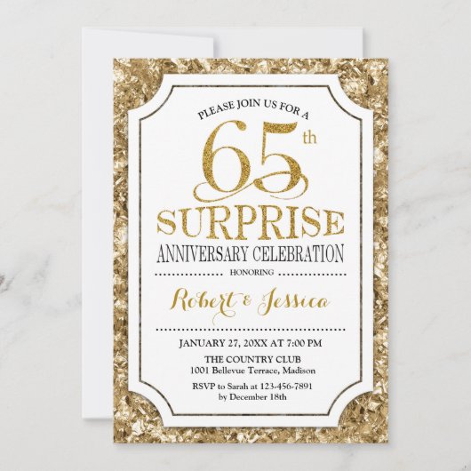 Invitation Surprise 65e anniversaire de mariage - Or blanc (Devant)