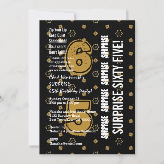 Invitation SURPRISE 65e anniversaire moderne Gold and Black W (Devant)