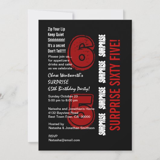 Invitation SURPRISE 65e anniversaire moderne Rouge noir blanc (Devant)