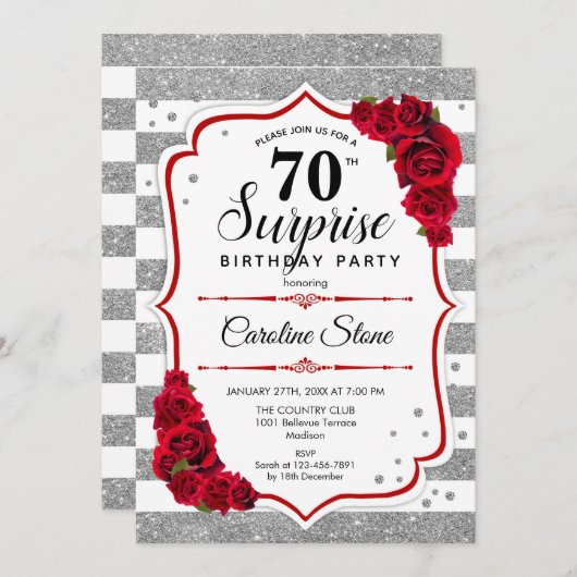Invitation Surprise 70e anniversaire - Argent Blanc Rouge (Devant / Derrière)