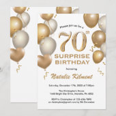 Invitation Surprise 70e anniversaire Ballons blanc et or (Devant / Derrière)