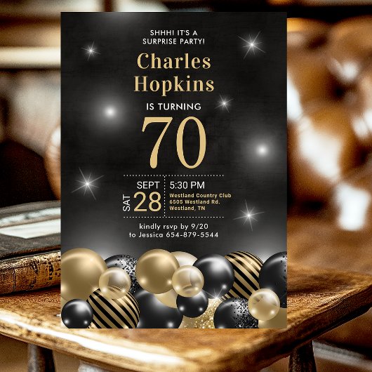 Invitation Surprise 70e anniversaire Black Gold Balloons Part