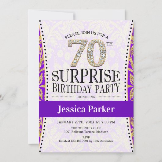 Invitation Surprise 70e anniversaire - Blanc Gold Purple (Devant)