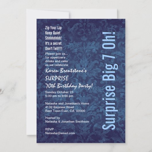 Invitation SURPRISE 70e anniversaire Blue Damask White W1467 (Devant)