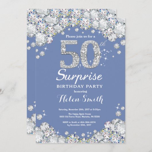 Invitation Surprise 70e anniversaire Blue Silver Diamond (Devant / Derrière)