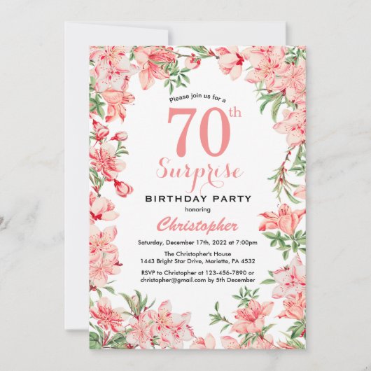 Invitation Surprise 70e anniversaire Boho rose botanique flor (Devant)