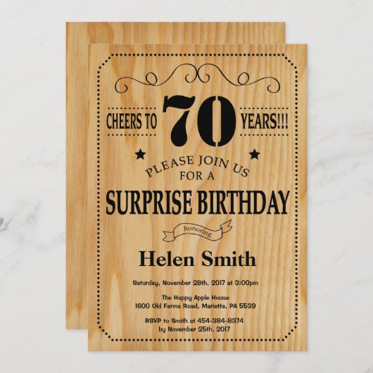 Invitation Surprise 70e anniversaire Bois rustique (Devant / Derrière)