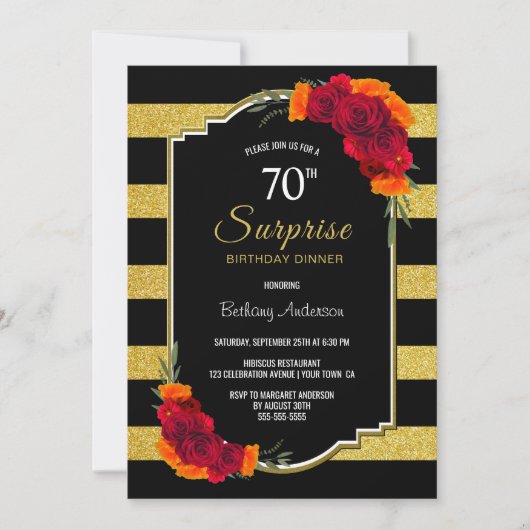 Invitation Surprise 70e anniversaire Dîner Noir Or rayé (Devant)