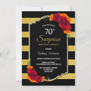 Invitation Surprise 70e anniversaire Dîner Noir Or rayé