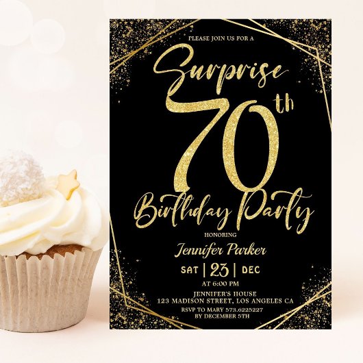 Invitation Surprise 70e anniversaire fête Chic Black & Gold